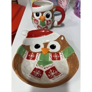 Santa Owl‎ Christmas Winter Scarf Ceramic Candy Dish Plate Bowl W/ Matching Mug